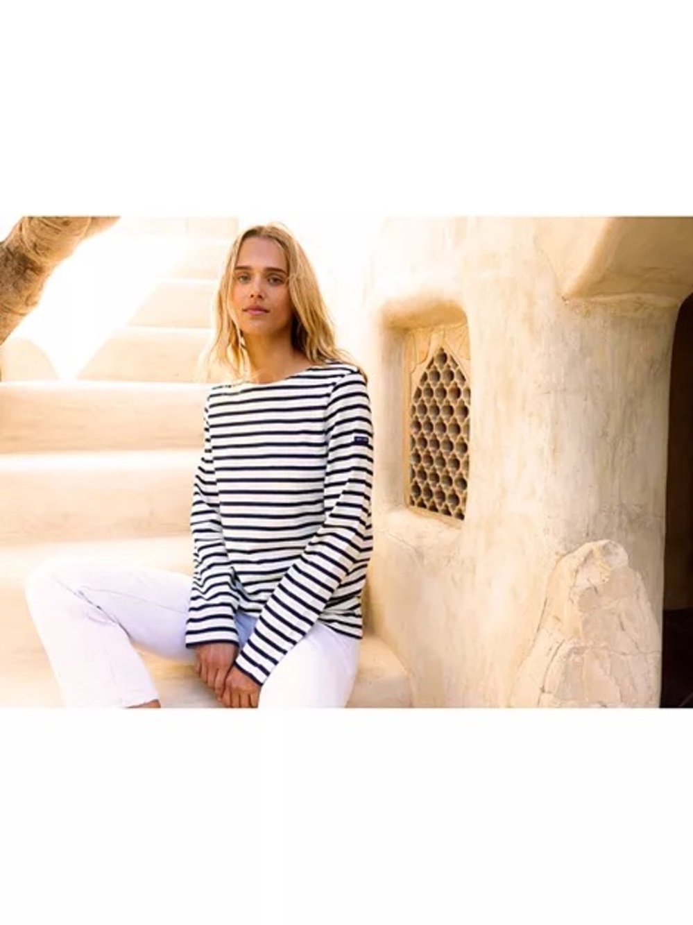 Saint James Striped Long Sleeve Crewneck Top in Navy and White